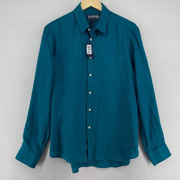 NEW VILEBREQUIN Shirt Men L 100% Linen Button Down Long Sleeve Woven Blue Canard